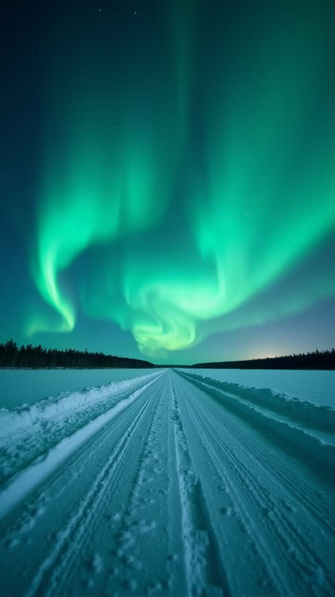 a snowy track at night under bright green northern lights