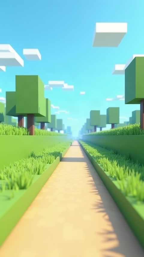 a landscape built entirely from cubes: grassy cube hills, cube trees and square clouds, like a voxel video game