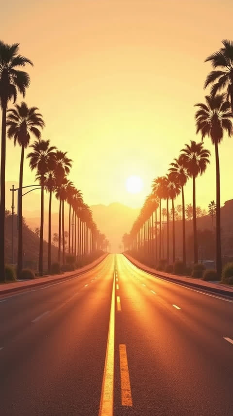 a sunny sprawling coastal city in a hyper-real video game style, with a freeway and palm trees at sunset