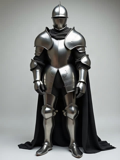 a rider in full shining medieval plate armour with a closed helmet