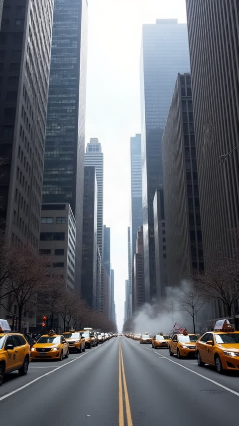 a wide avenue between Manhattan skyscrapers with yellow taxis parked along the kerb